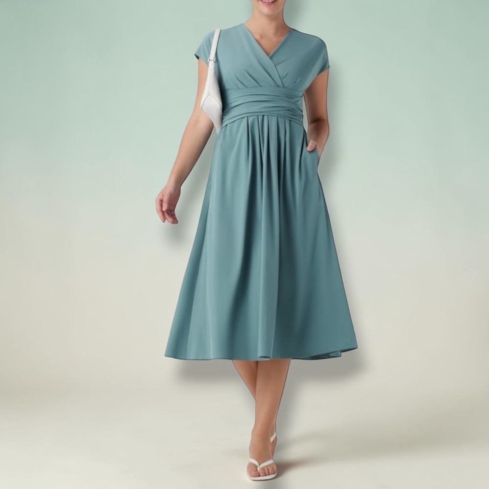 HALARA Breezeful V Neck Midi Preppy Dress Medium Stone Blue Tie‎ Back Quick Dry
